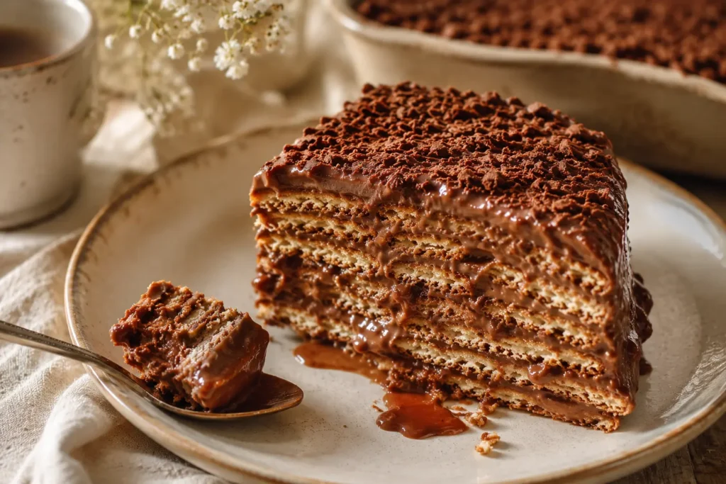Trozo de tarta de galletas casera con chocolate sobre un plato de cerámica